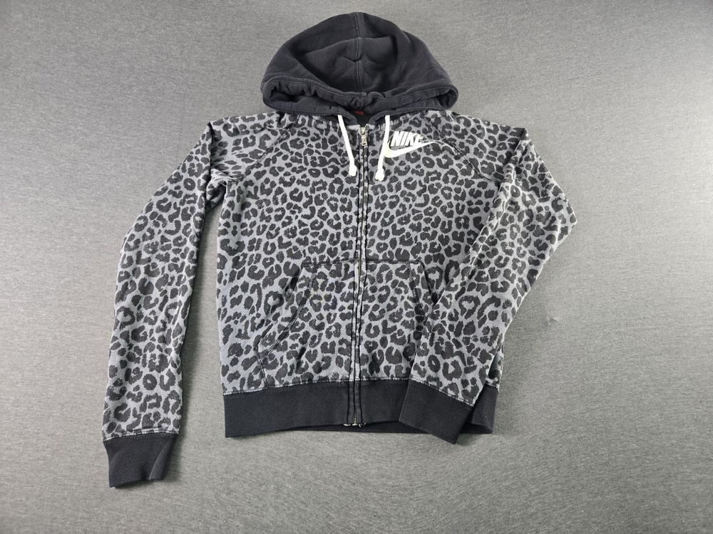 Nike Hoodie Sweatshirt Womens XS Gray Leopard Animal Print Fleece Full Zip
